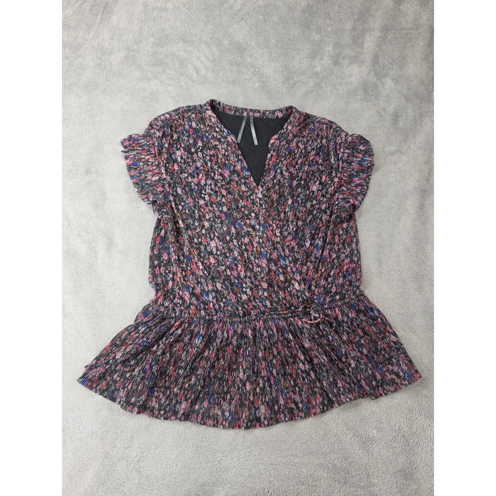 Anthropologie Dionne Metallic Floral Pleated Peplum Blouse Size M Faux Wrap - Picture 4 of 8